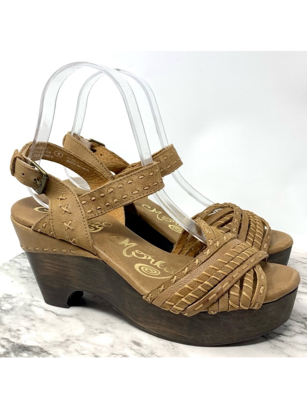 Naughty Monkey Calla Multi Strap Leather Wood Clog Sandals 8 Boho Retro Festival